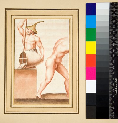 Kopio mosaiikista miehestä, jolla on terävä korkki, joka kaataa maljakosta. (musta liitu, osa kynällä ja ruskealla musteella. värjätty vesiväreillä) tekijältä Pietro Santi Bartoli