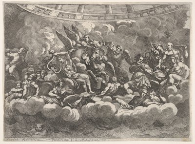 Erilaisten olympialaisten jumalien ja mytologisten hahmojen kokoontuminen pilvien sekaan, Apollo at ce..., n. 1680. tekijältä Pietro Santi Bartoli