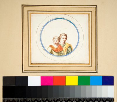 Aviomies ja vaimo (rintakuvat) keskellä ympyrää (musta liitu, osa kynällä ja ruskealla musteella. värjätty vesivärillä) tekijältä Pietro Santi Bartoli