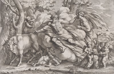 Io vasemmalla lehmänä, Jupiter pilven päällä keskellä ja Juno oikealla pu..., 1650-90. tekijältä Pietro Santi Bartoli