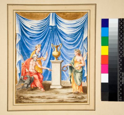 Jupiter istuu vasemmalla kotkan ja naishahmon kanssa (musta liitu, joissakin kynällä ja ruskealla musteella. värjätty vesivärillä) tekijältä Pietro Santi Bartoli