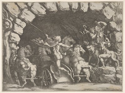 Pluto, takaa katsottuna, astumassa alamaailmaan vaunuillaan, Cerberus ja kolme Fu..., n. 1680. tekijältä Pietro Santi Bartoli