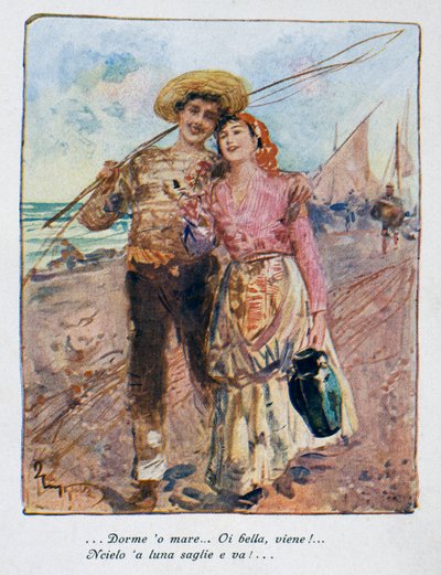Takaisin kalastuksesta, kuvitus Pietro Scoppetta (1863-1920), Italia, 1900-luku tekijältä Pietro Scoppetta