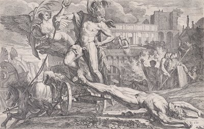 Akhilleus raahaa Hektorin ruumista Troijan muurien ympäri, 1648-50. tekijältä Pietro Testa