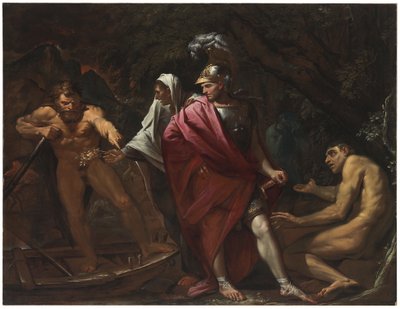 Aeneas ja Cumaean Sibyl esittelevät kultaisen oksan Charonille tekijältä Pietro Testa