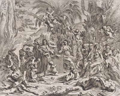 Allegoria maalauksesta, joka lapsena keskellä vasemmalla piirtää taululle, surrounde..., 1637-38. tekijältä Pietro Testa