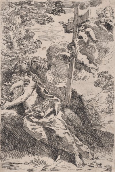 Maria Magdaleena erämaassa, oikealla enkelien kantama risti, n. 1630. tekijältä Pietro Testa