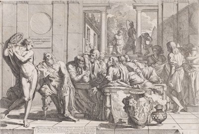 Platonin symposium: Sokrates ja hänen toverinsa pöydän ympärillä keskustelemassa ihanteellisesta rakkaudesta..., 1648. tekijältä Pietro Testa