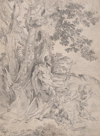 Pyhä Hieronymus ennen krusifiksia leijonan ja kolmen putin kanssa, n. 1631-37. tekijältä Pietro Testa