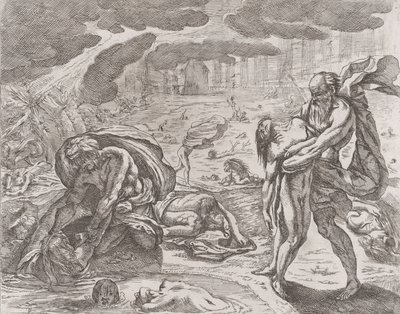 Vedenpaisumus, hahmoja vedetään vedestä, n. 1640-42. tekijältä Pietro Testa