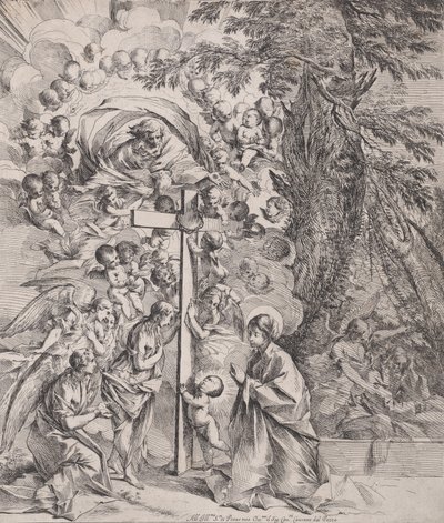 Oikealla nukkuvan Pyhän Joosefin unelma, Neitsyt ja Lapsi croon luona..., n. 1635-37. tekijältä Pietro Testa