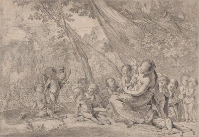Hyväntekeväisyyden puutarha, oikealla hyväntekeväisyyttä edustava nainen lasten ympäröimänä, ..., n. 1631-37. tekijältä Pietro Testa