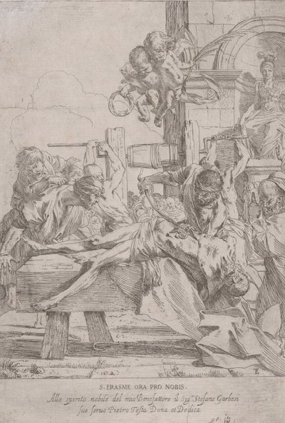 Pyhän Erasmuksen marttyyrikuolema, joka on makaamassa, kun sisälmykset on poistettu, kaksi puttia..., n. 1630. tekijältä Pietro Testa