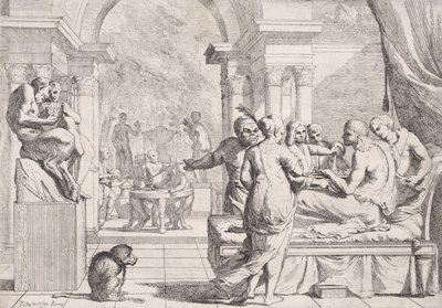 Tuhlaajapoika istuu sohvalla ja hänelle tarjoillaan viiniä, taustalla juhlijat, kuu..., n. 1645. tekijältä Pietro Testa