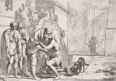 Tuhlaajapojan paluu, isä syleilemässä poikaansa sarjasta,..., n. 1645. tekijältä Pietro Testa
