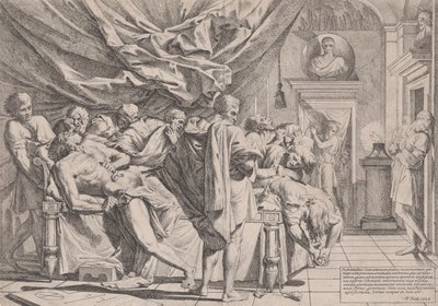 Filosofi Caton itsemurha, joka makaa sängyllään ja veti sisäpuolia ulos, katsoi b..., 1648. tekijältä Pietro Testa