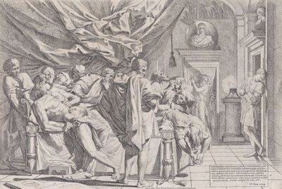 Filosofi Caton itsemurha, joka makaa sängyllään ja veti sisäpuolia ulos, katsoi b..., 1648. tekijältä Pietro Testa