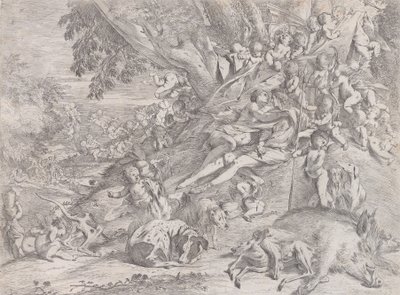 Venus ja Adonis, monien puttien ympäröimänä, metsästyksen jälkeen makuuasennossa kuolleen villisian kanssa..., 1631-37. tekijältä Pietro Testa