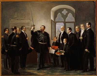 Vittorio Emanuele II Savoysta, Pistoiassa, heiluttelemassa gibelin condottiere Castracanin miekkaa tekijältä Pietro Ulivi