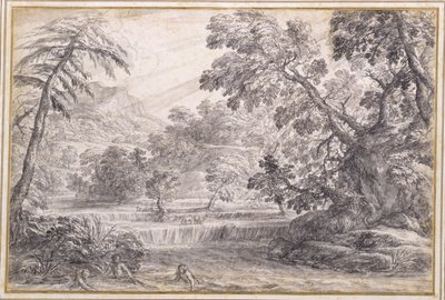 Metsäinen jokimaisema, n. 1650 (musta liitu, sivellin ja harmaa muste harmaalla pesulla paperilla) tekijältä Pietro da Cortona