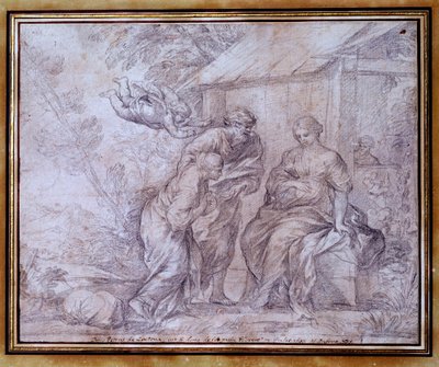 Abrahamin vaimon Saaran egyptiläisen orjan Agar Agarin paluu. Pietro Berrettini, joka tunnetaan nimellä Pierre de Cortona tai Pietro da Cortona (1596-1669), piirros mustalla kynällä. 17. vuosisata. Himmeä. 0,27x0,33 m. Louvren taidemuseo tekijältä Pietro da Cortona