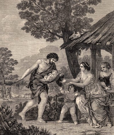 Romulus ja Remus. Kaiverrus Pietro da Cortonen maalauksen jälkeen. Kaiverrus vuodelta 1860. tekijältä Pietro da Cortona