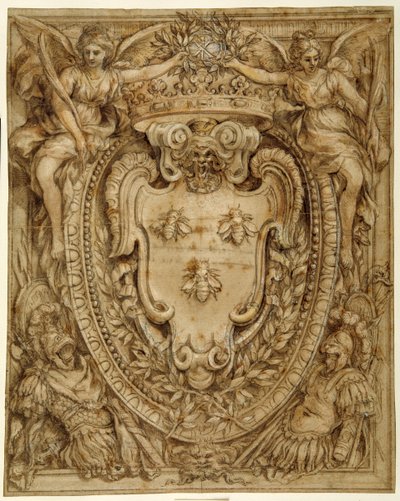 Don Taddeo Barberinin käsivarret, Principe di Palestrina (kynä ja muste pesuaineella ja guassi paperilla) tekijältä Pietro da Cortona