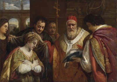 Flavia Domitilla (kuoli vuoden 95 jälkeen) vastaanottamassa verhon paavi Clement I:ltä - Saint Domitilla vastaanottamassa verhon paavi Klemens I:ltä kirjoittanut Cortona, Pietro da (1596-1669). Öljy kankaalle, koko: 123x172,7, , Yksityiskokoelma tekijältä Pietro da Cortona