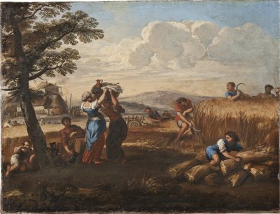 Maisema ja sadonkorjuukohtaus - Maisema sadonkorjuun kanssa, kirjoittanut Cortona, Pietro da (1596-1669) (Pierre de Cortona). Öljy kankaalle. Koko: 50 x 65 cm. Tukholman kansallismuseo tekijältä Pietro da Cortona