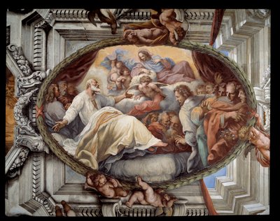 Pyhän Filippuksen toipuminen seurakunnan neitsytfreskon ilmestymisen jälkeen Pietro da Cortona (Cortonan Pietari) (1596-1669) 1652 Rooma, punainen huone Santa Marian kirkko Vallicellassa Italiassa tekijältä Pietro da Cortona