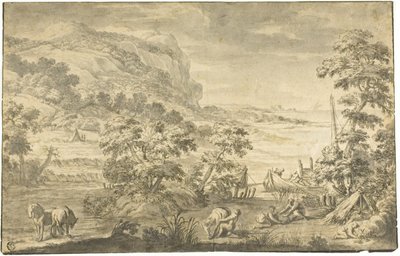 Italialainen rannikkokohtaus kalastajien kanssa, leirintäalue (recto); River Estuary (käänteinen) tekijältä Pietro da Cortona