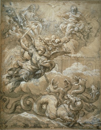 Pyhä kolminaisuus, jossa Pyhä Mikael valloittaa lohikäärmeen, 1666 tekijältä Pietro da Cortona