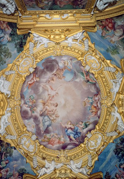 Sala di Apollo Apollon sali yksityiskohta kattokoristeesta, jossa Cosimo I deMedici 1519-74 esitellään Apollolle, noin 1647 fresko. tekijältä Pietro da Cortona