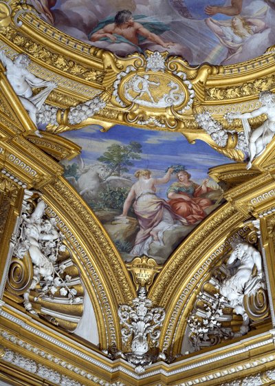 Apollon Sala di Apollo Hall of Apollon yksityiskohta kaulakoru, joka kuvaa museoita Calliope ja Melpomene, n. 1647 fresko tekijältä Pietro da Cortona