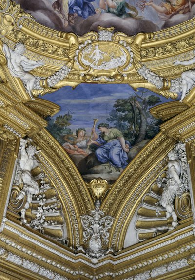 Apollon Sala di Apollo Hall of Apollo yksityiskohta pendentivesta, joka kuvaa muusoja Thaliaa ja Cliota, n. 1647 fresko tekijältä Pietro da Cortona
