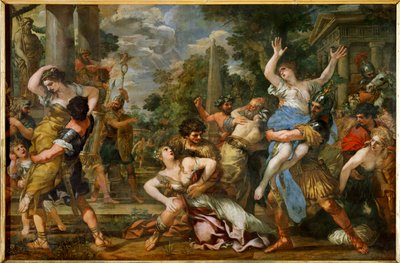 Sabinialaisten naisten raiskaus (maalaus kankaalle) tekijältä Pietro da & Ferri Ciro (1634-89) Cortona