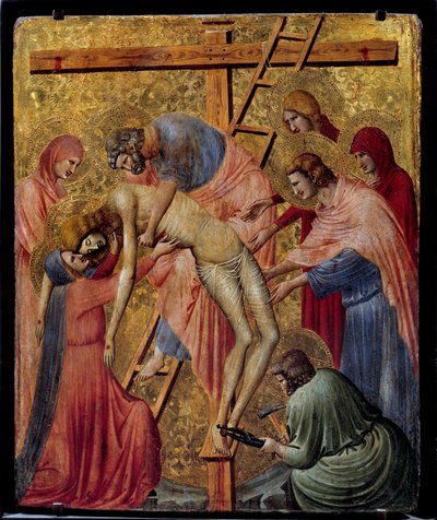 Pieta. "" Ristin laskeutuminen tai laskeutuminen"" Pietro da Riminin alttaritaulu (1300-luvun 1. puolisko) Aurinko. 0,43x0,35 m. tekijältä Pietro da Rimini