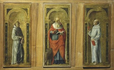 Kolme paneelia - Saint Franciscus, Saint Jerome ja Saint Anthony Padovalainen, n. 1480 (tempera paneelissa) tekijältä Pietro di Francesco degli (circle of) Orioli