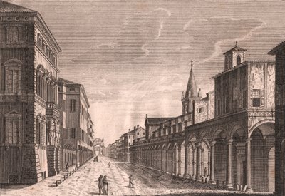 Näkymä Strada Maggiorelle Bolognassa, Emilia-Romagna, Italia, C Lambertinin kuparikaiverrus Pio Panfilin (1723-1812) piirustuksen mukaan, noin 13,5x19 cm tekijältä Pio Panfili