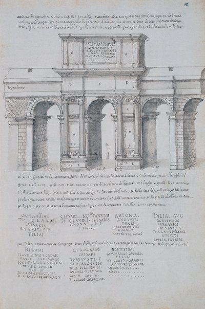 Claudiuksen kaari Roomassa, piirros Rooman antiikeista, Pirro Ligorio (1513-1583) tekijältä Pirro Ligorio