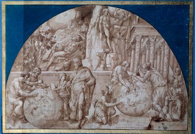 Tähtitiede allegoria. Tiedemiehet tekevät mittauksia maapallolla. Pirro Ligorion piirustus ruskealla musteella (noin 1500-1583) 1500-luvun Pariisi, Louvre-museo tekijältä Pirro Ligorio