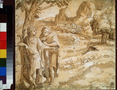 "Paimen ja pyhiinvaeltaja maisemassa" (Paimen ja pyhiinvaeltaja maisemassa) Akvarelli ja muste, Pirro Ligorio (1510-1583) Noin 1550 Pushkin-museo, Moskova tekijältä Pirro Ligorio