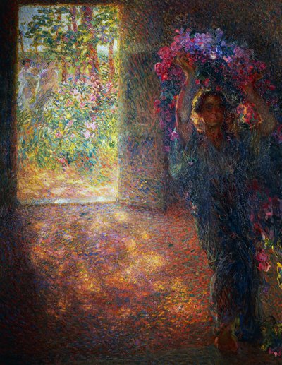 Kukkatalo, n. 1910, Plinio Nomellini (1866-1943), öljy kankaalle, 200x160 cm, Italia, 1900-luku tekijältä Plinio Nomellini