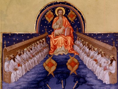 Pyhä Johannes Patmosissa. Pol De Limburgin (1400-luku) "" Miniatyyri teoksessa "" Berryn herttuan erittäin rikkaat hetket". Chantilly, Musee Conde tekijältä Pol de Limbourg