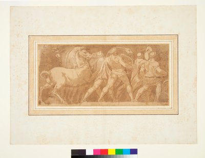 Frieze osalla Roman Triumph (kynä ja ruskea muste ja ruskea pesu) tekijältä Polidoro da (after) Caravaggio