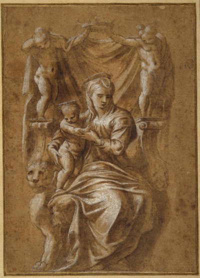 Madonna ja lapsi valtaistuimelle (kynä ja ruskea muste, rungon väri paperilla) tekijältä Polidoro da (follower of) Caravaggio