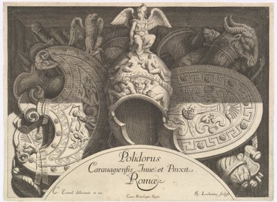 Divers Trophées -asepalkinnot Palazzo Milesin julkisivun jälkeen Roomassa, 1651 tekijältä Polidoro da Caravaggio