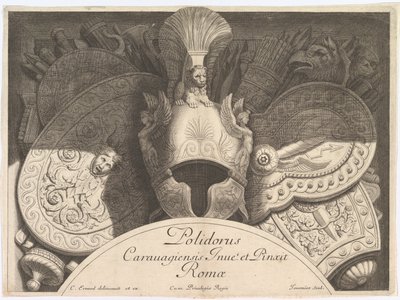 Divers Trophées Weapon Trophyt Palazzo Milesin julkisivun jälkeen Roomassa, 1651. Tekijät: Polidoro da Caravaggio, Rene Lochon. tekijältä Polidoro da Caravaggio