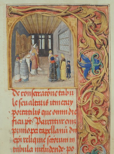 Piispan alttarin pyhittäminen kanonien ja maallisten perustajien avustuksella piispa Erasmus Ciolekin paavilta, n. 1510 (tempera ja kulta pergamentilla) tekijältä Polish School