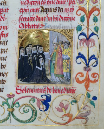 Piispa Siunaa nunnat piispa Erasmus Ciolekin paavilta, n. 1510 (tempera ja kulta pergamentilla) tekijältä Polish School
